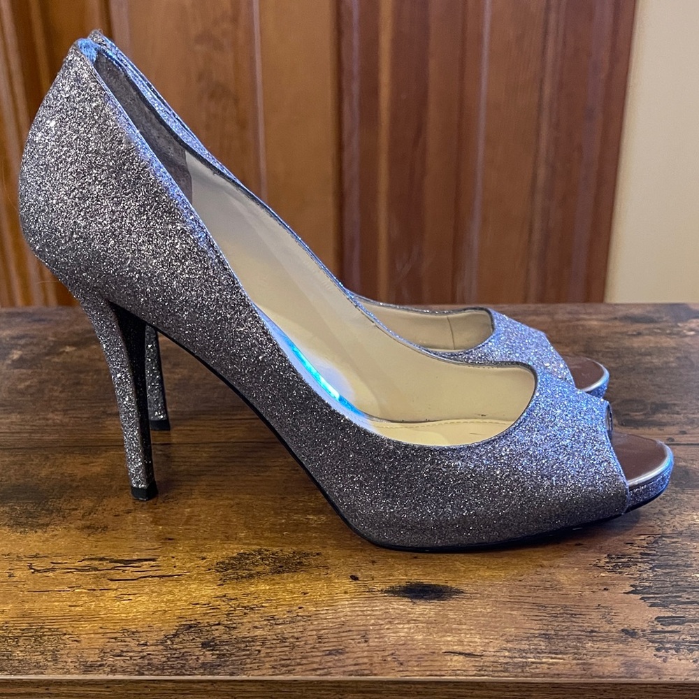 Enzo Angiolini Silver Glitter Peep-Toe Heels